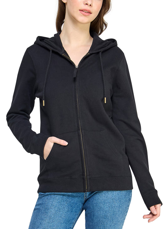 Women's GOTS Certified 100% Organic Cotton Black Sweatshirts Zip Up Hoodies Jacket with Pocket