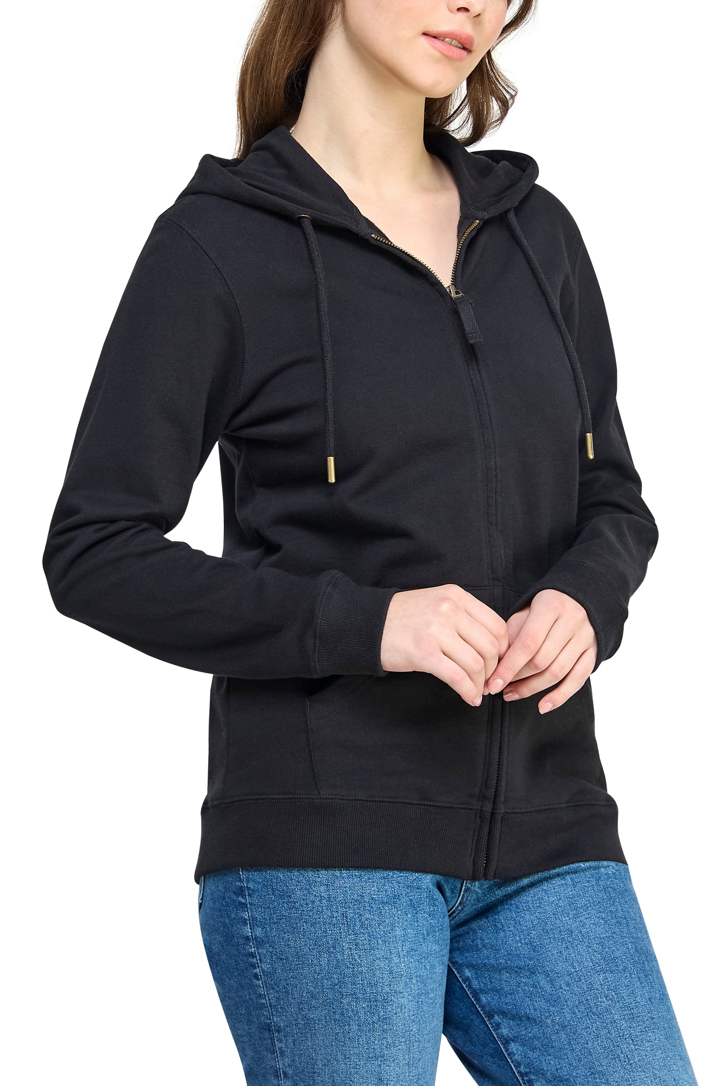 Women's GOTS Certified 100% Organic Cotton Black Sweatshirts Zip Up Hoodies Jacket with Pocket