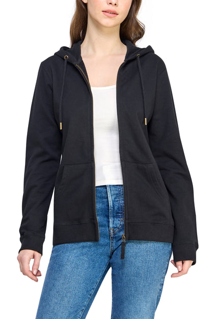 Women's GOTS Certified 100% Organic Cotton Black Sweatshirts Zip Up Hoodies Jacket with Pocket