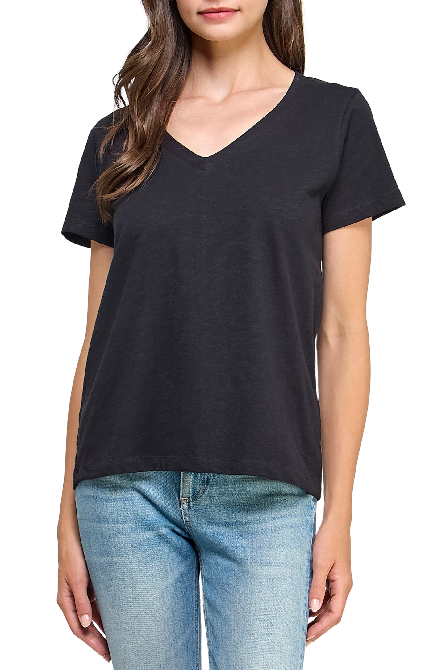 Women's GOTS Certified 100% Organic Cotton Black Slub V-Neck T Shirt Short Sleeve Tee Tops