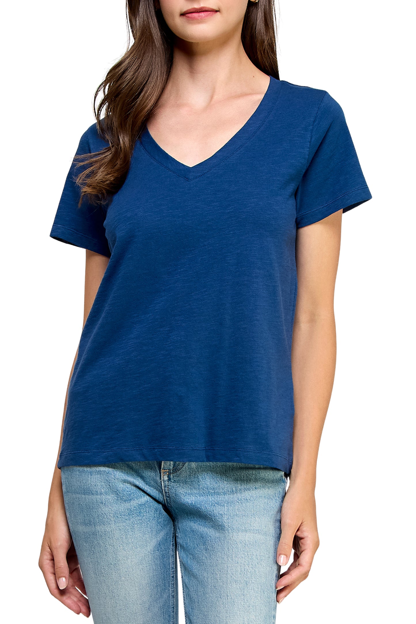 Women's GOTS Certified 100% Organic Cotton Navy Slub V-Neck T Shirt Short Sleeve Tee Tops