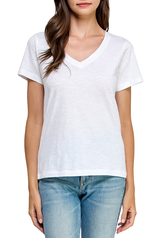 Women's GOTS Certified 100% Organic Cotton White Slub V-Neck T Shirt Short Sleeve Tee Tops