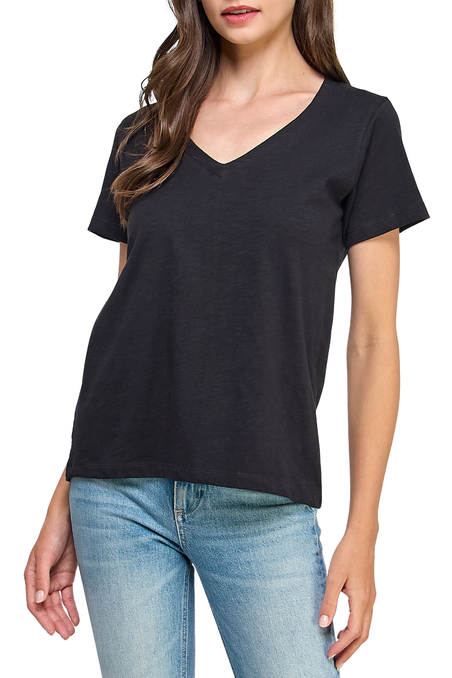 Women's GOTS Certified 100% Organic Cotton Black Slub V-Neck T Shirt Short Sleeve Tee Tops