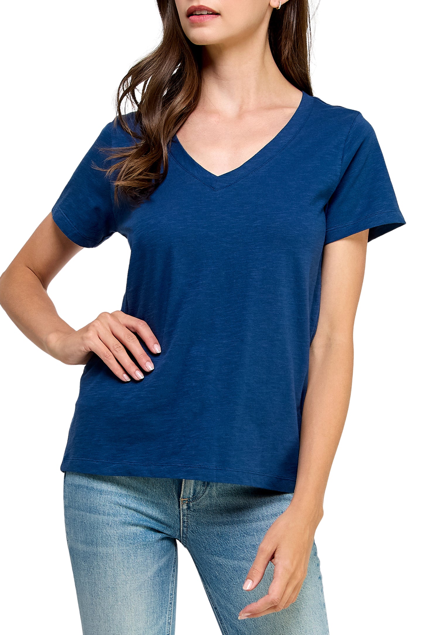 Women's GOTS Certified 100% Organic Cotton Navy Slub V-Neck T Shirt Short Sleeve Tee Tops