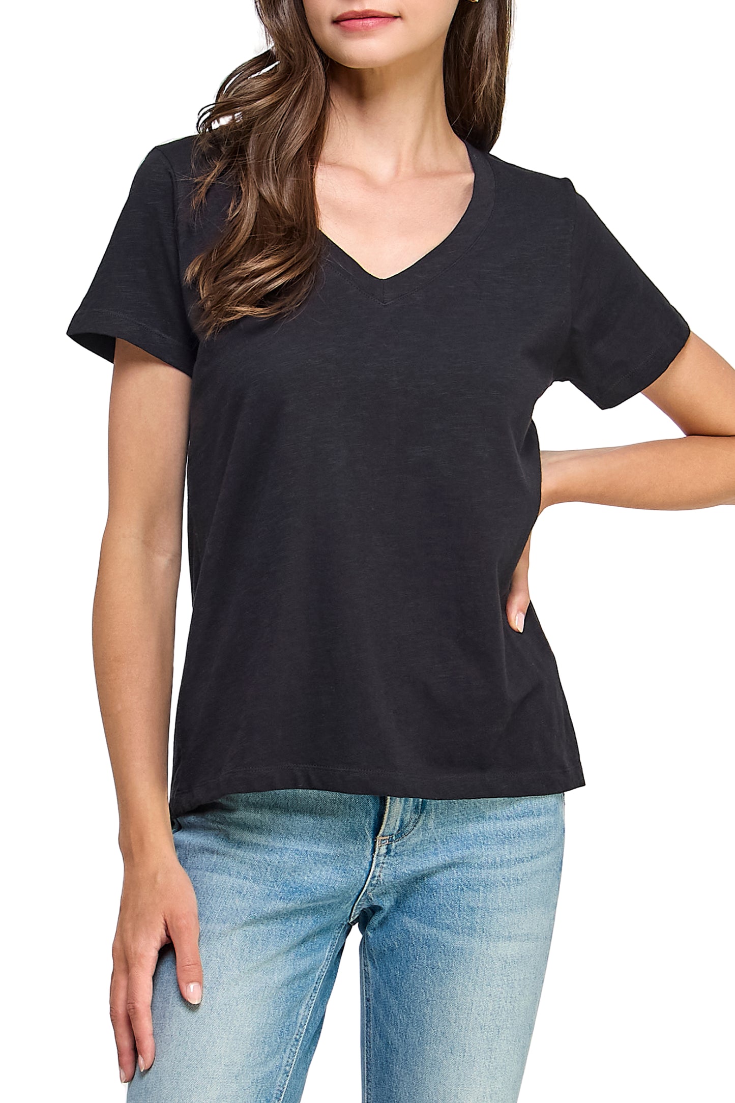 Women's GOTS Certified 100% Organic Cotton Black Slub V-Neck T Shirt Short Sleeve Tee Tops