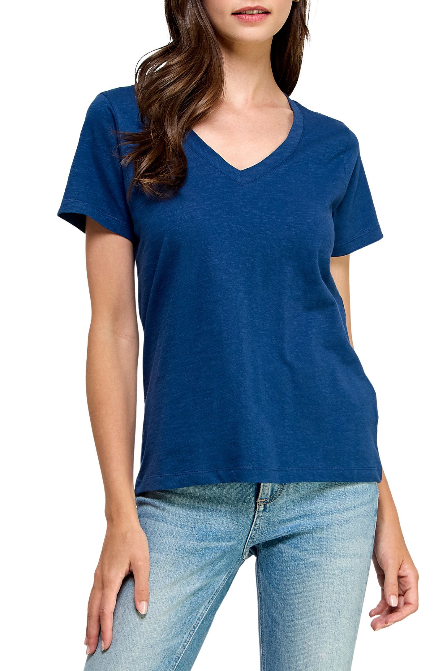 Women's GOTS Certified 100% Organic Cotton Navy Slub V-Neck T Shirt Short Sleeve Tee Tops