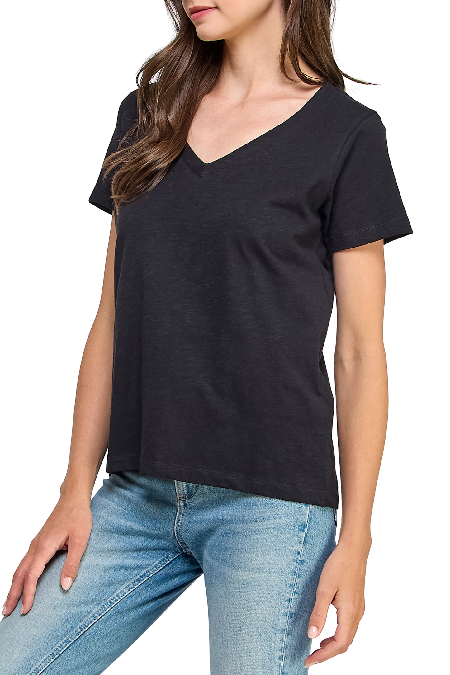 Women's GOTS Certified 100% Organic Cotton Black Slub V-Neck T Shirt Short Sleeve Tee Tops