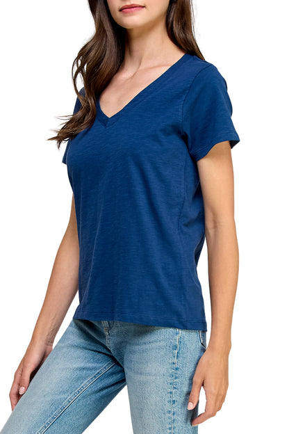 Women's GOTS Certified 100% Organic Cotton Navy Slub V-Neck T Shirt Short Sleeve Tee Tops