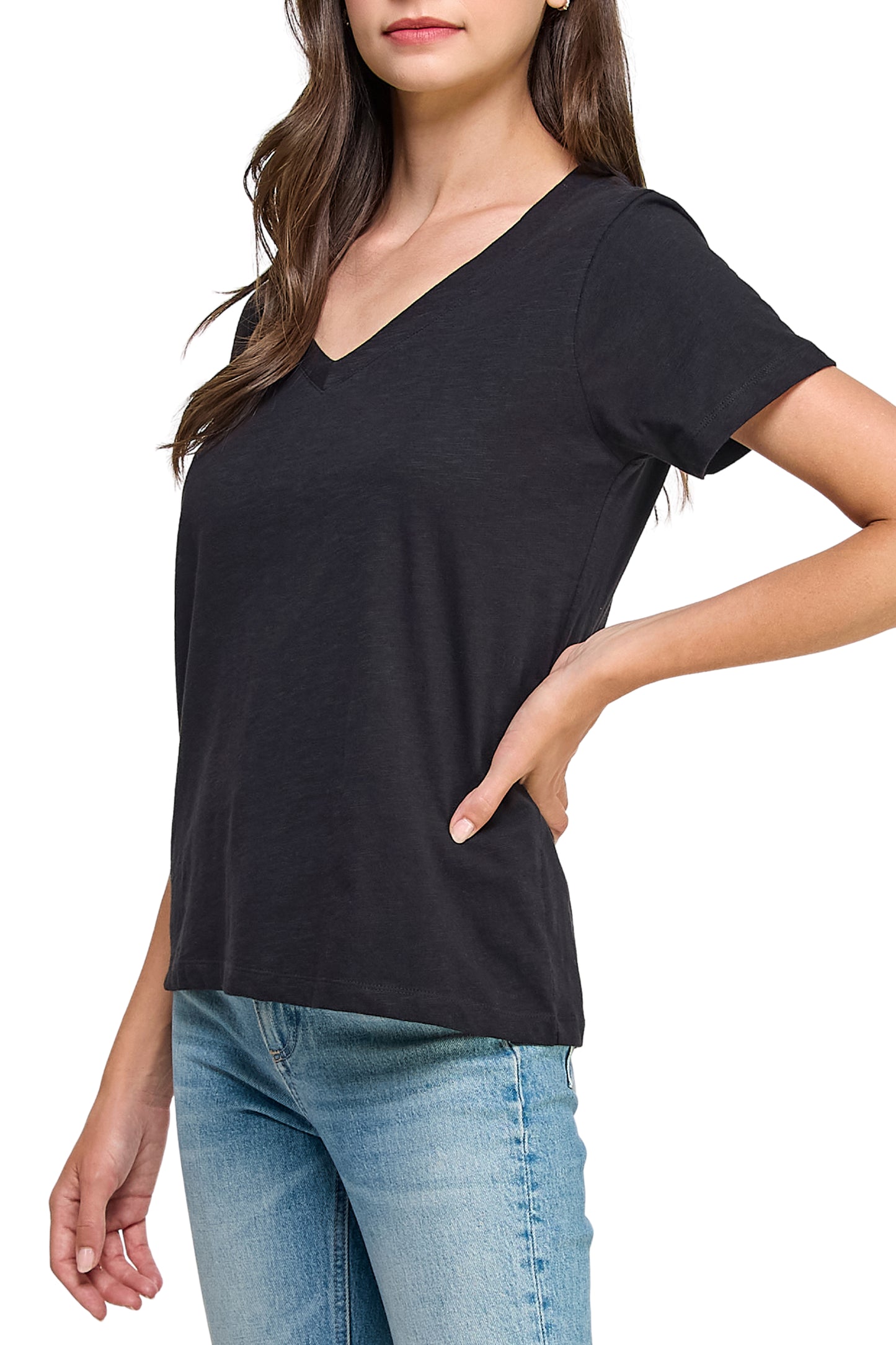 Women's GOTS Certified 100% Organic Cotton Black Slub V-Neck T Shirt Short Sleeve Tee Tops