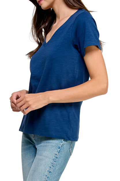 Women's GOTS Certified 100% Organic Cotton Navy Slub V-Neck T Shirt Short Sleeve Tee Tops