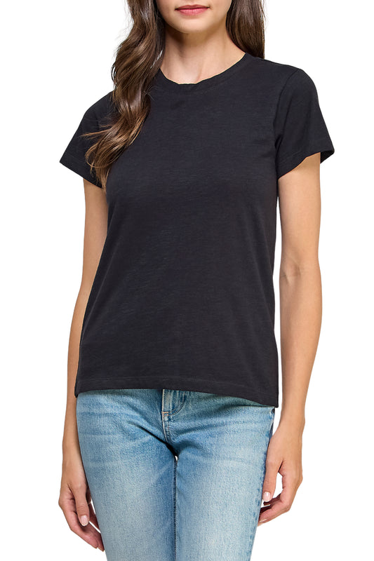 Women's GOTS Certified 100% Organic Cotton Black Slub Crewneck T Shirt Short Sleeve Tee Tops