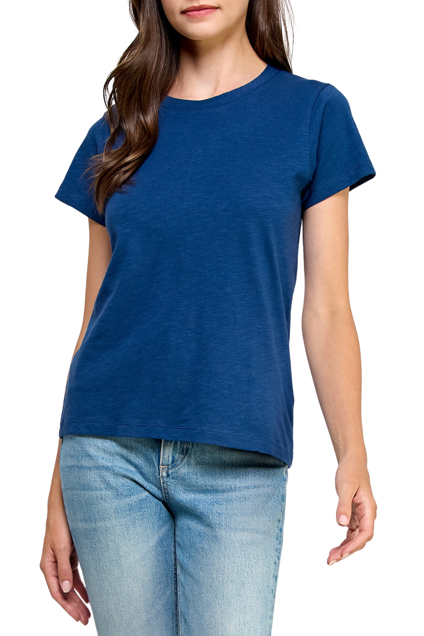 Women's GOTS Certified 100% Organic Cotton Navy Slub Crewneck T Shirt Short Sleeve Tee Tops