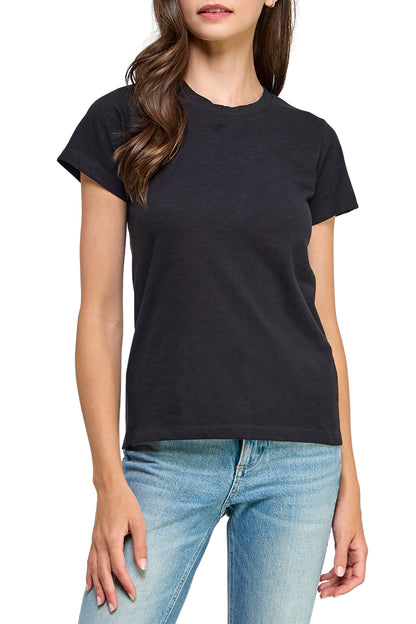 Women's GOTS Certified 100% Organic Cotton Black Slub Crewneck T Shirt Short Sleeve Tee Tops