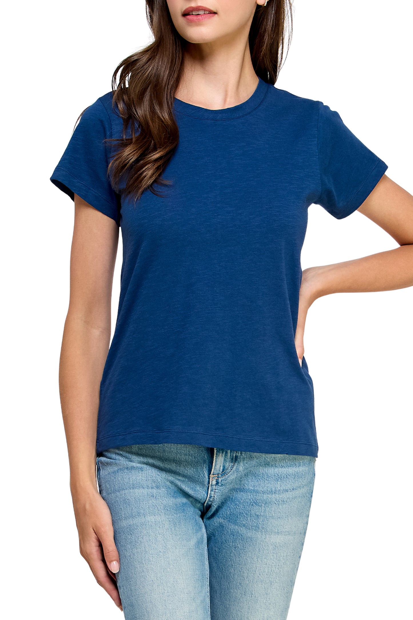 Women's GOTS Certified 100% Organic Cotton Navy Slub Crewneck T Shirt Short Sleeve Tee Tops