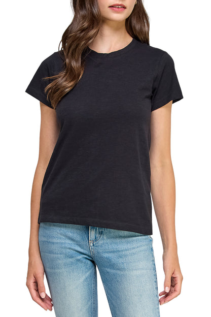 Women's GOTS Certified 100% Organic Cotton Black Slub Crewneck T Shirt Short Sleeve Tee Tops