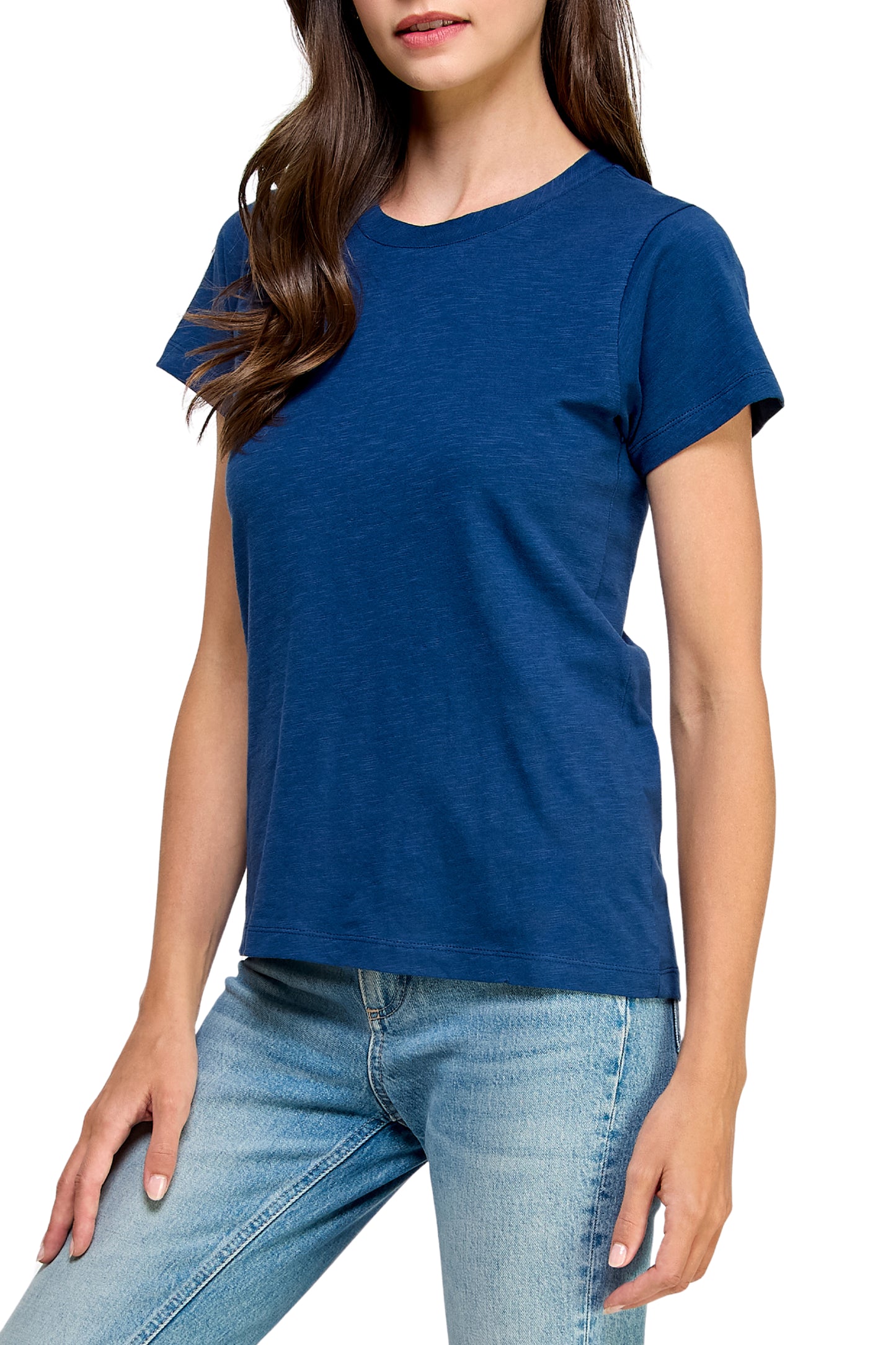 Women's GOTS Certified 100% Organic Cotton Navy Slub Crewneck T Shirt Short Sleeve Tee Tops