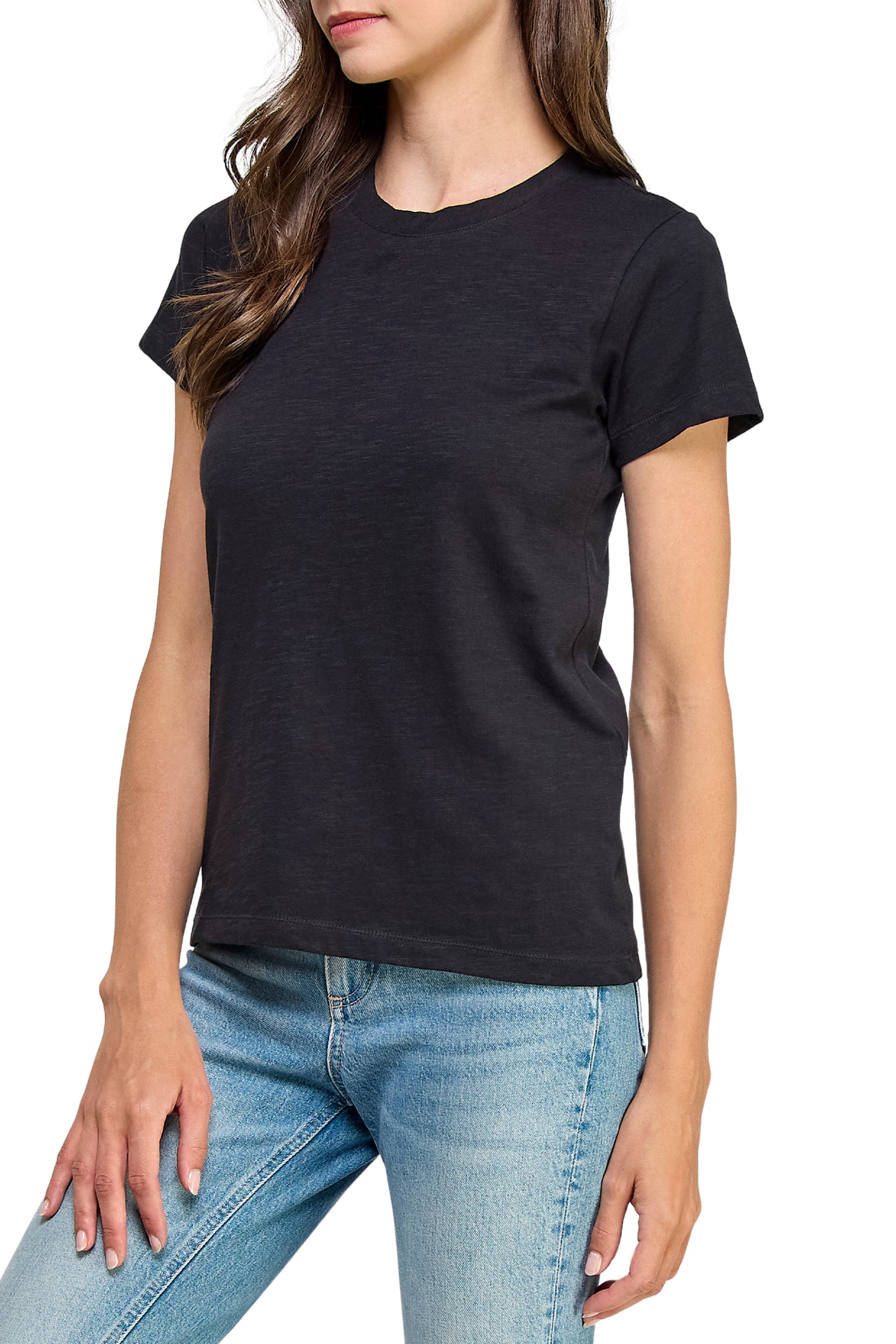 Women's GOTS Certified 100% Organic Cotton Black Slub Crewneck T Shirt Short Sleeve Tee Tops