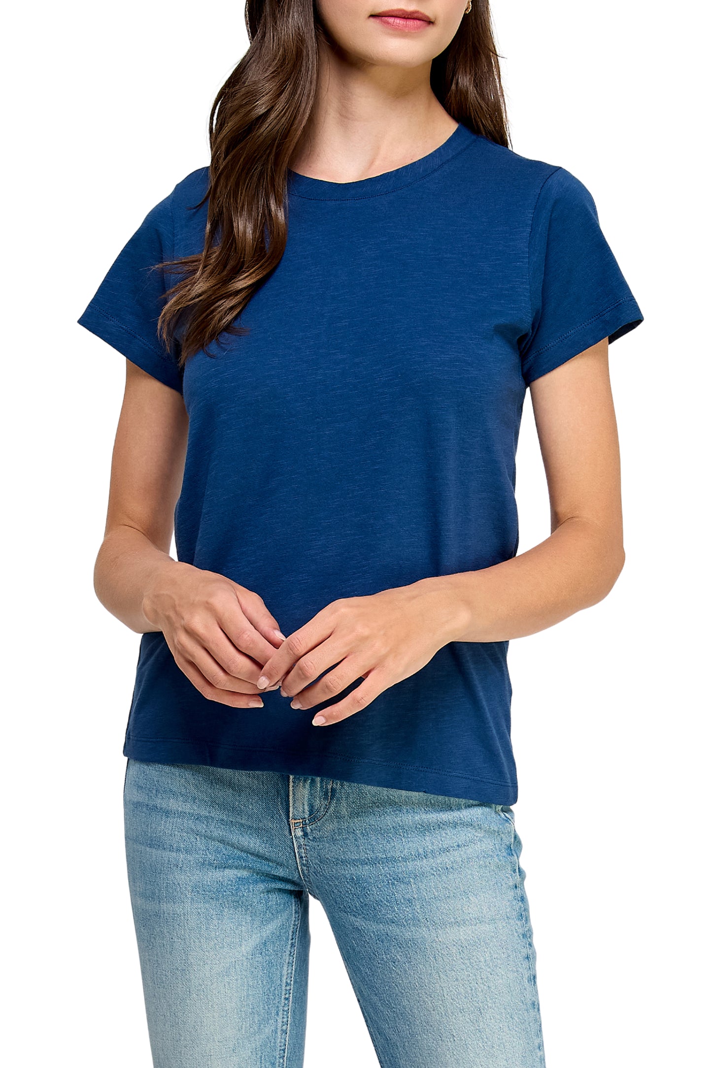 Women's GOTS Certified 100% Organic Cotton Navy Slub Crewneck T Shirt Short Sleeve Tee Tops