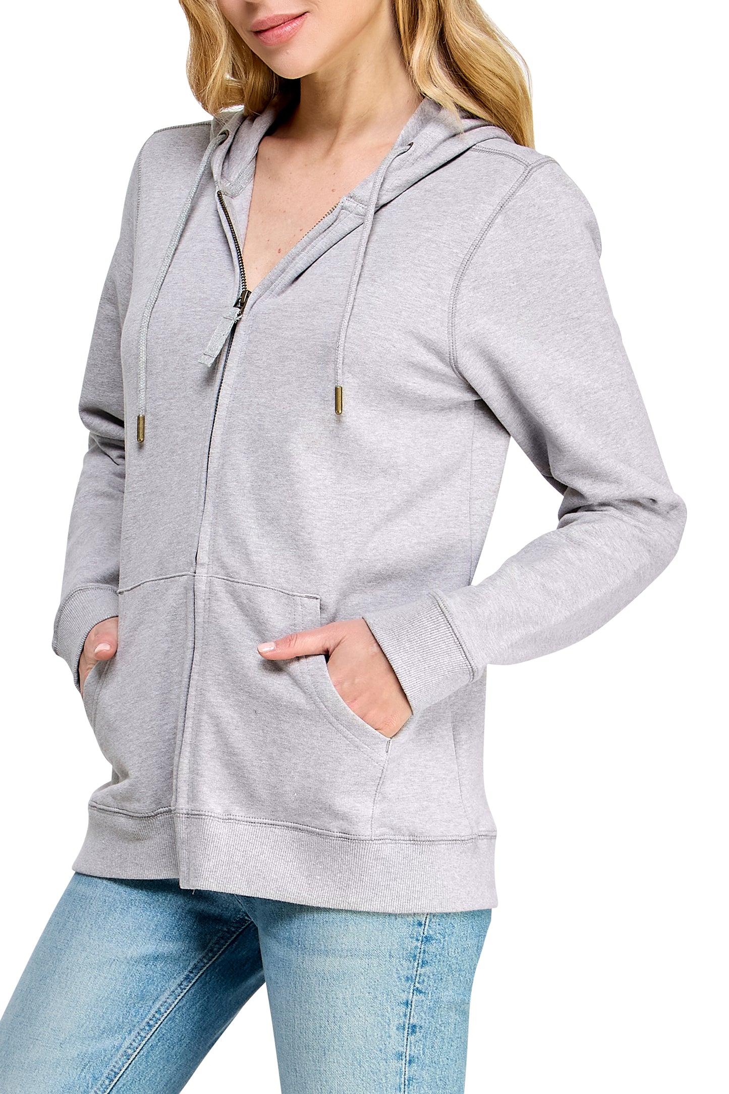 Women's GOTS Certified 100% Organic Cotton Melange Grey Sweatshirts Zip Up Hoodies Jacket with Pocket